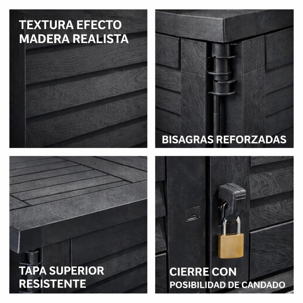 Acomoda Textil - Baul de Almacenaje Exterior 117X74X110 cm con 2 Puertas y Tapa Superior. Arcon de 780 Litros de Exterior para Cubos Basura, Herramientas, Accesorios para Terraza Patio o Jardín.