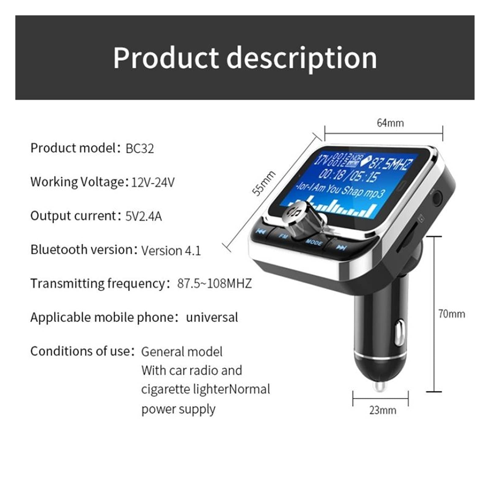 Adattatore Audio Bluetooth. Auto Economica FM. Trasmettitore con Telecomando LCD. Bluetooth MP3. Player Dual. USB Auto FM. Modulatore
