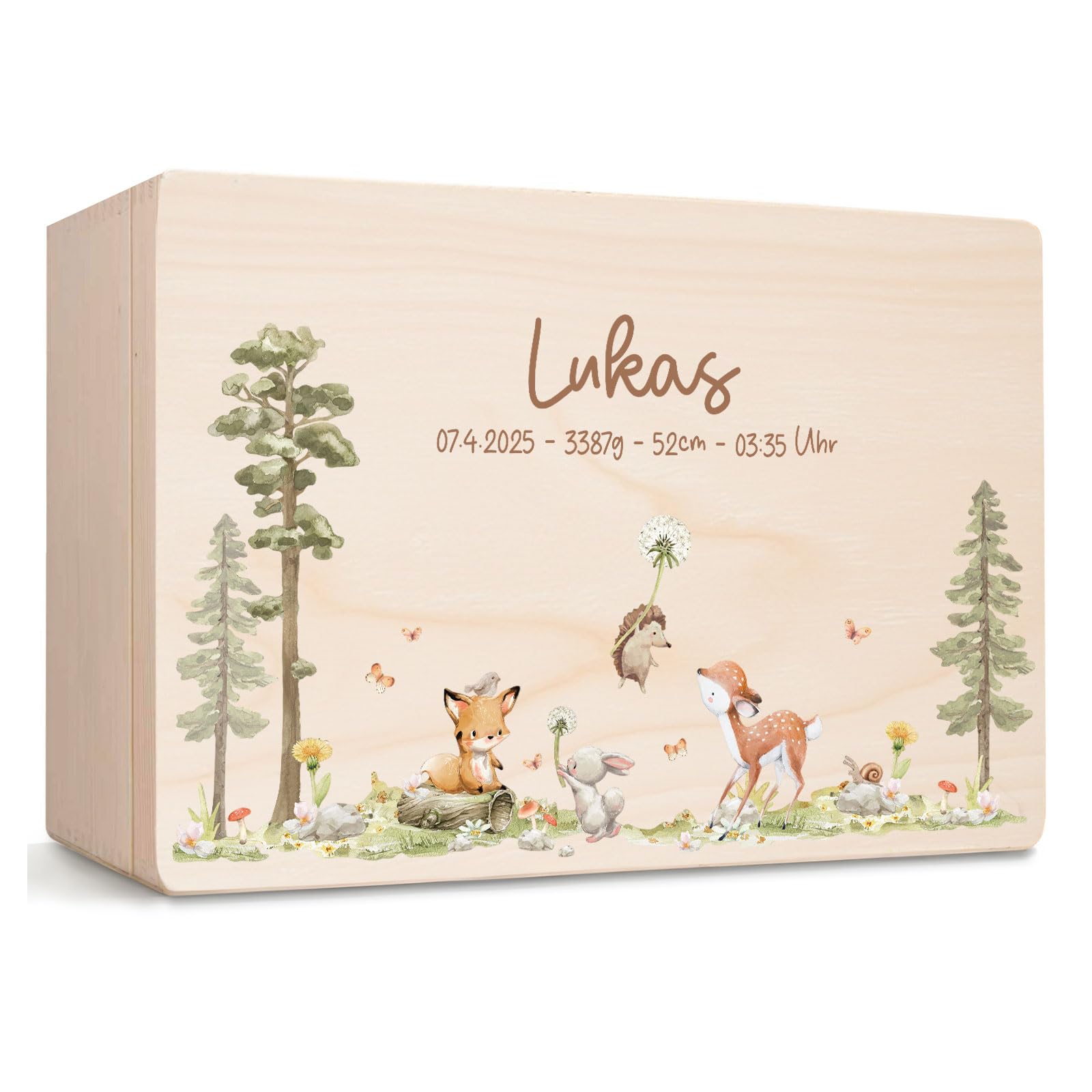 Little Deco Personalisierte Erinnerungsbox Baby Holzkiste mit Deckel, Aufbewahrungsbox mit Namen, Waldtiere, Geschenk zur Geburt & Taufe, Geburtstag für Mädchen & Jungen XHL1145-2-M