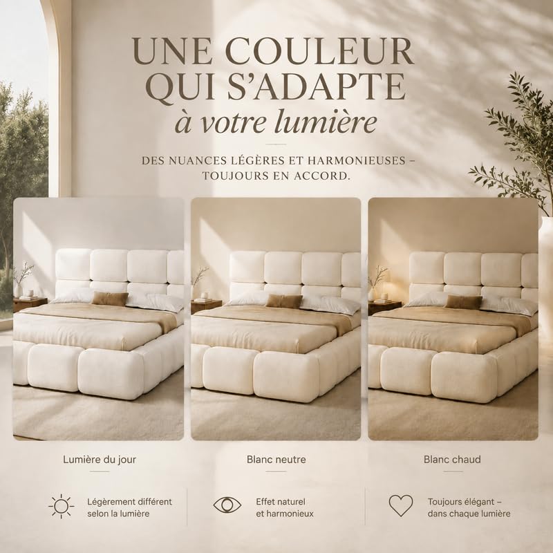 Zepneiy Lit 180x200 en rondeur avec Sommier à Lattes, Lit Nuage avec Une tête de lit rembourrée 12 cm d'épaisseurr, Bouclé Blanc(sans Matelas)