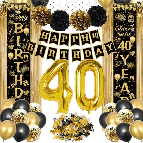 Décoration Anniversaire 40 Ans Femme Homme - Ballons Noir Or, Bannière Joyeux Anniversaire - Deco pour Femmes