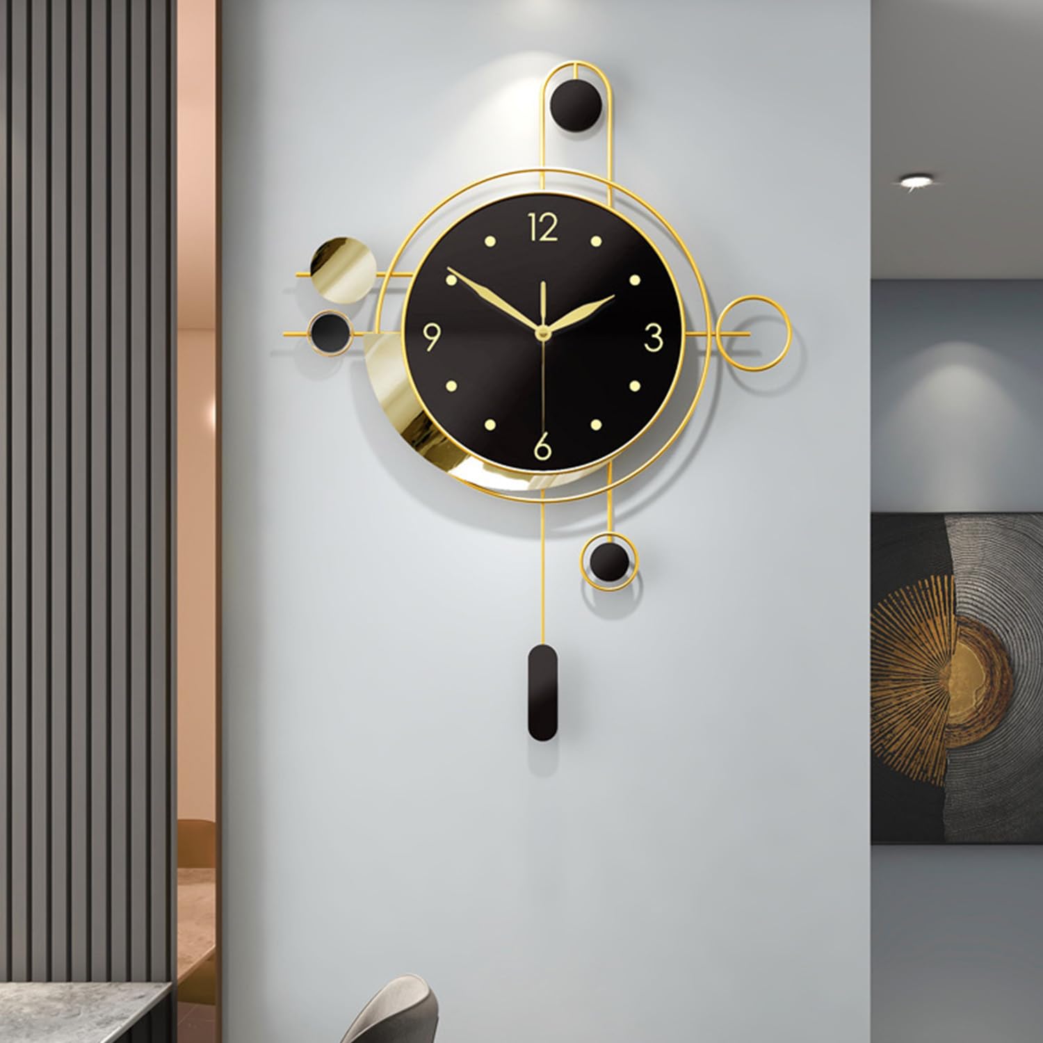 wall clock with pendulum,silent non ticking battery operated modern large wall clocks for living room bedroom farmhouse office kitchen home wall decor-15.7x21.6inch(golden)
