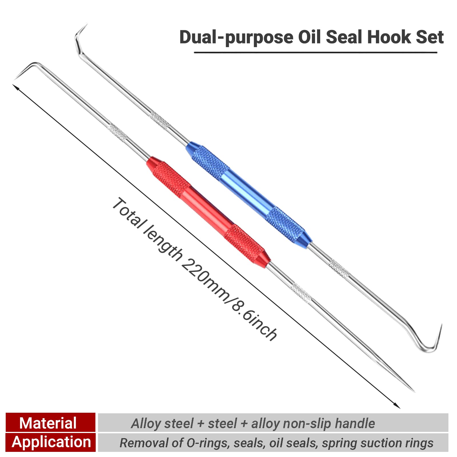 YYTQP Hook and Pick Set, 2 PCS Precision Hook Set, Car Auto Oil Seal, O-Ring Seal Gasket Pick Tool Set Puller Remover for Most Cars (Red & Blue)