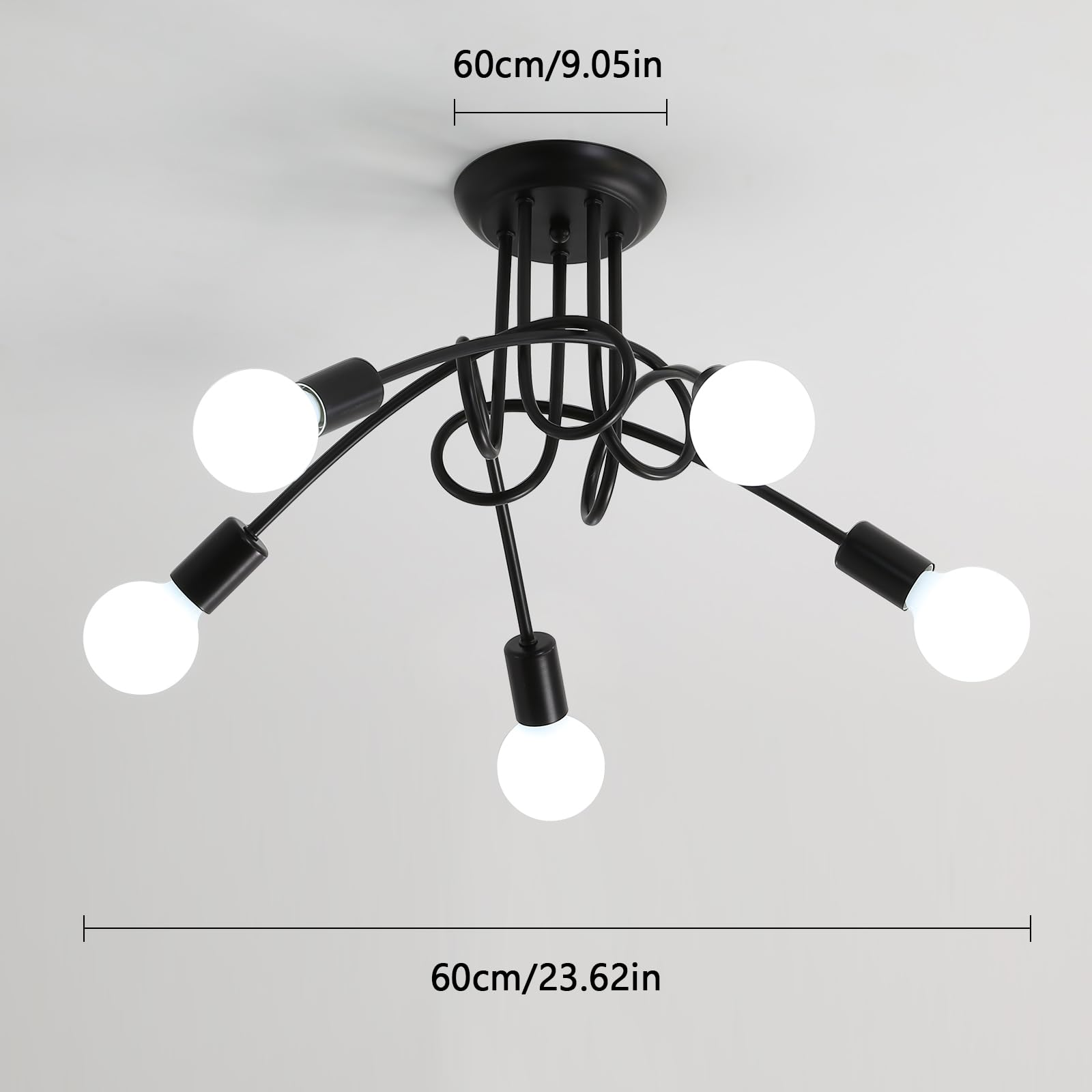 Comely Lampa sufitowa w stylu vintage, industrialny żyrandol Sputnik, 4-punktowy, E27, czarna, metalowa lampa sufitowa do sypialni, salonu, kuchni, regulowany kształt, średnica 60 cm