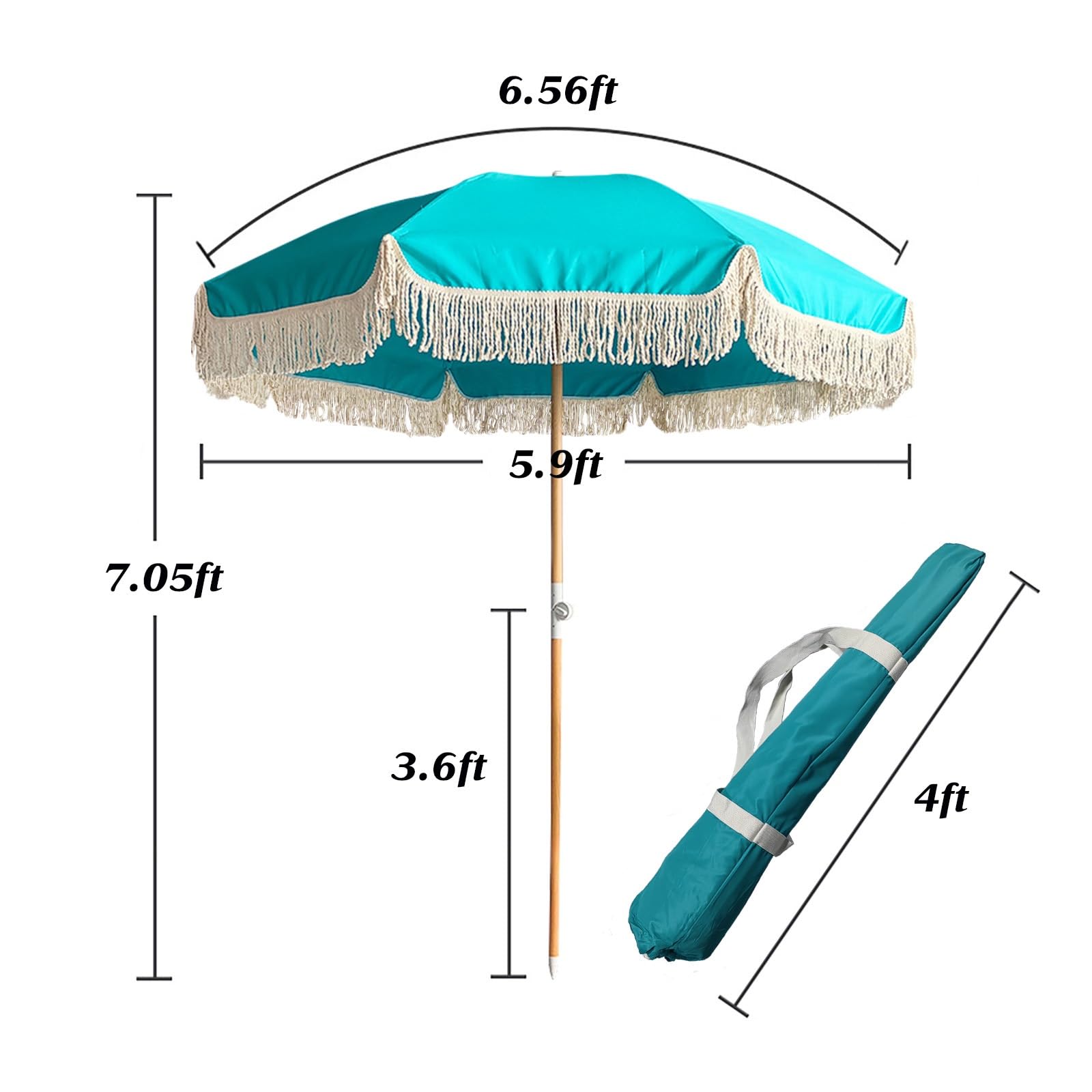 Ombrellone da spiaggia Boho regolabile da 180 cm, blu e verde, compatto, antivento, con frange, ideale per patio, piscina, giardino e giardino, con borsa per il trasporto.
