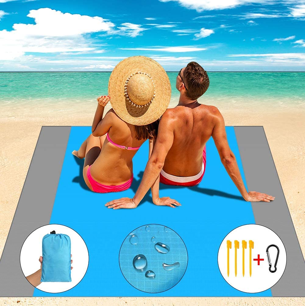 Kujinova Couverture De Plage Imperméable 210x200 Cm - Dégradé Bleu - Anti-Sable - Avec Sac Et Piquets