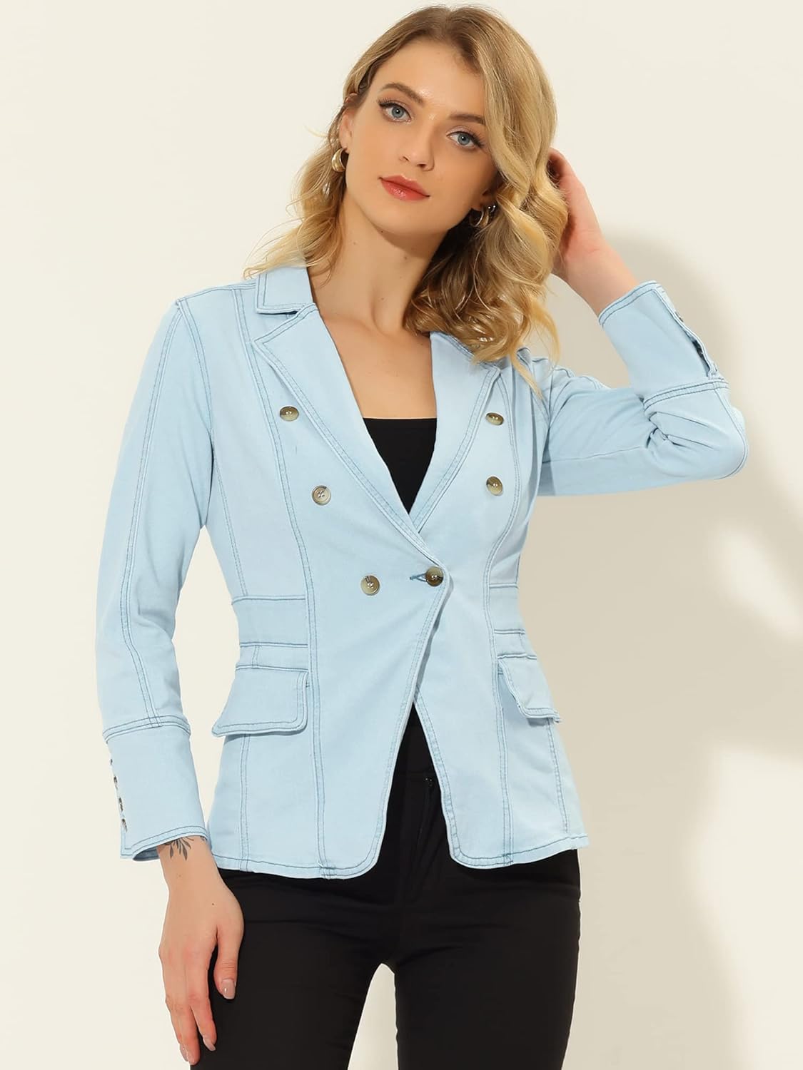 Allegra K Women's Jean Jacket Button Down Notched Lapel Long Sleeve Work Office Denim Blazer Jacket - Image 2