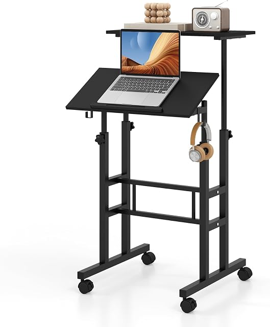 Tangkula Mobile Standing Desk Stand Up Desk, Height Adjustable Computer Desk with Standing & Seating 2 Modes, Tilting Tabletop & Flexible Wheels, Rolling Laptop Cart Sit Stand Desk