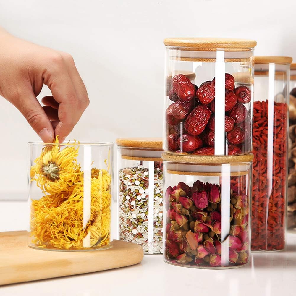 Yibaodan Glass Jars 9OZ, 12 Set with Bamboo Airtight Lids and Labels, Food Cereal Storage Large Spice Containers for Home Kitchen Tea Coffee Flour Herbs Grains