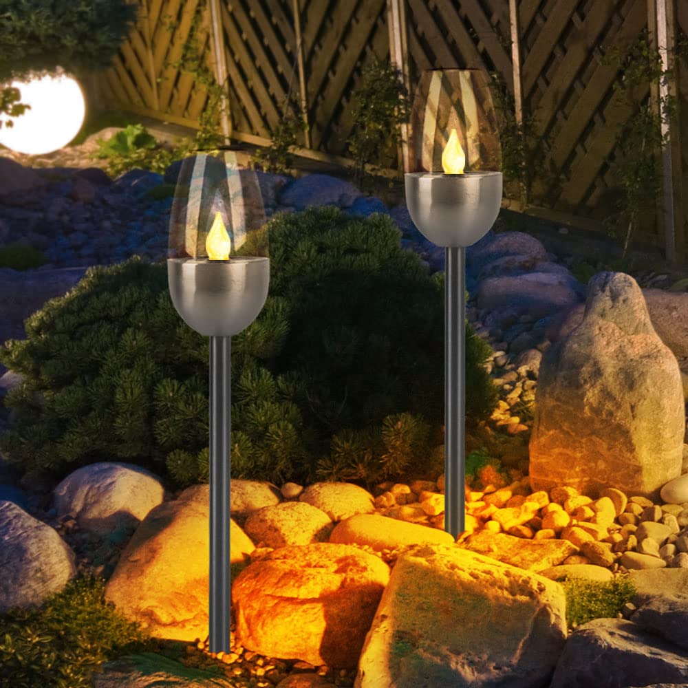 Solarleuchte Wegelampe Außenleuchte, Gartenfackel mit Feuereffekt, Terrassenlampe, integrierter Akku, Metall, schwarz, LED, DxH 6x38cm, 5er Set