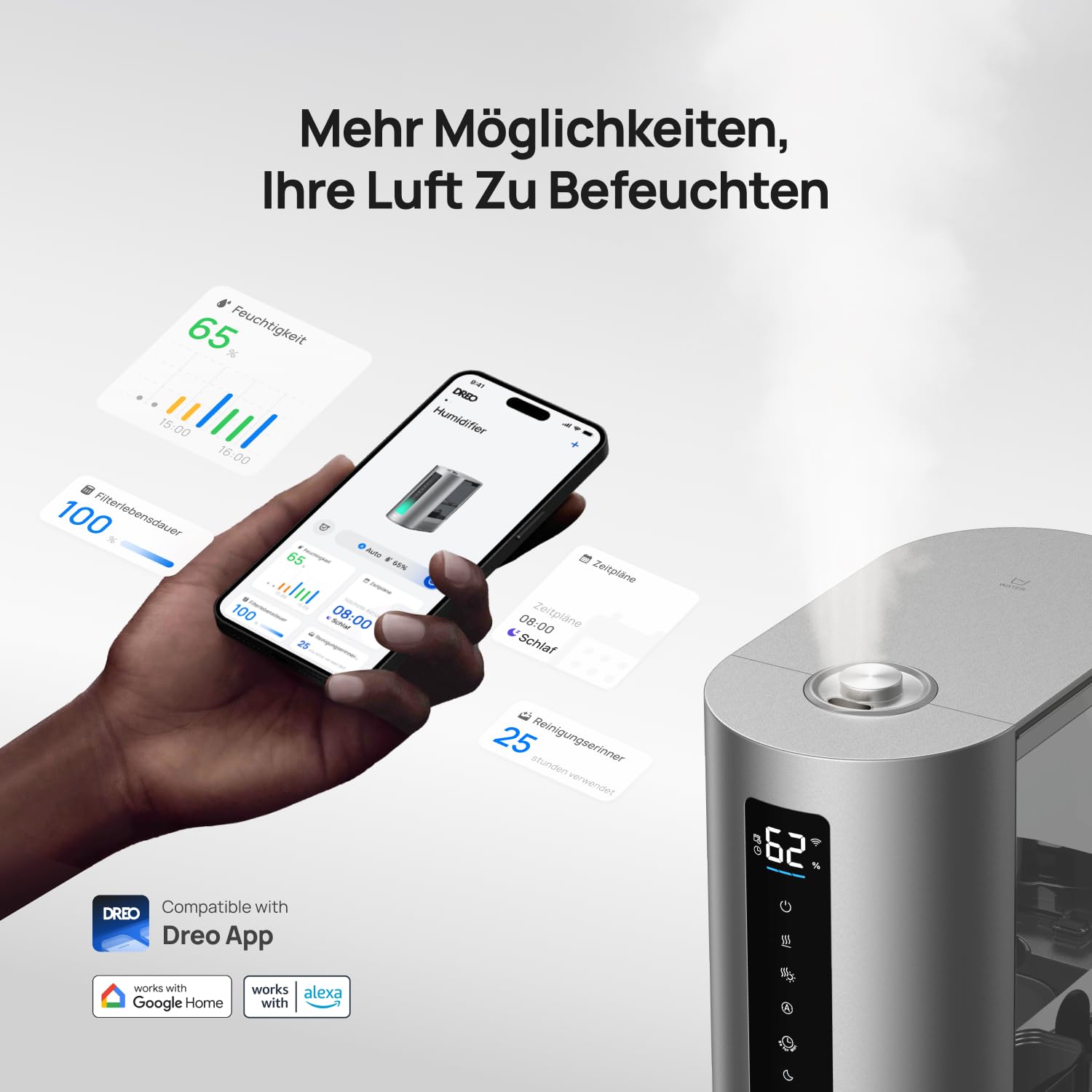 Dreo 6L Smart Luftbefeuchter Warm- und Kaltnebel 60 Std. Laufzeit Feuchtigkeitssensor Aromadiffusor Alexa