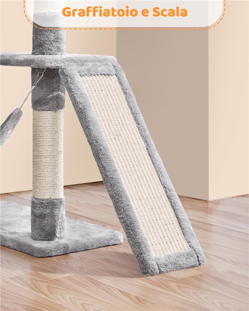 Tiragraffi per Gatti Alto 160 cm Albero per Gatti in Peluche Multilivello con 1 Grotta 2 Trespoli 1 Amaca 1 Pompon Grigio scuro