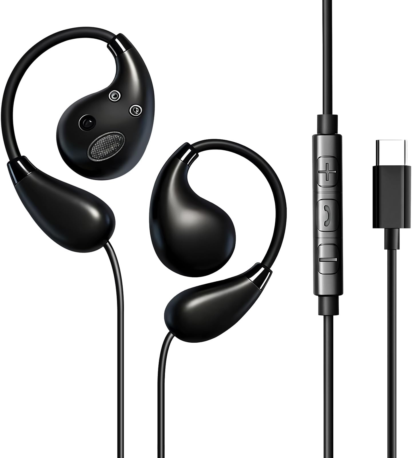 Type C Open-Ear Earphones, Wired Earbuds, No Clogging Ears, Includes Microphone, Open Type, For Those with Posture Habits, Earphone Microphone, Incoming Calls, Volume Adjustment, Compatible with Devices with USB Type C Port, Such as iPhone 16, Galaxy, Pixel, etc