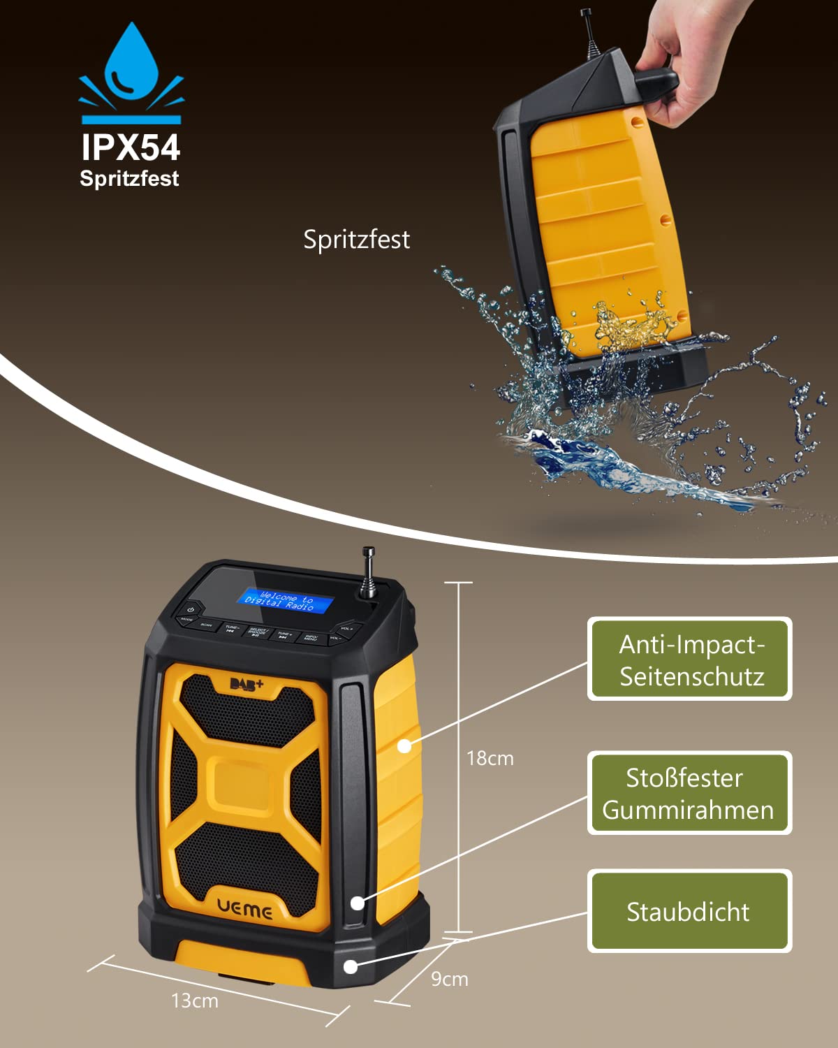 Baustellenradio Mit Akku Aufladbar (6000mAh), Tragbares DAB+/FM Radio, Bluetooth Lautsprecher & Dual Radiowecker,Starkem Empfang, Staubbeständig/Stoßfest für Baustelle/Camping/Garten (Gelb)
