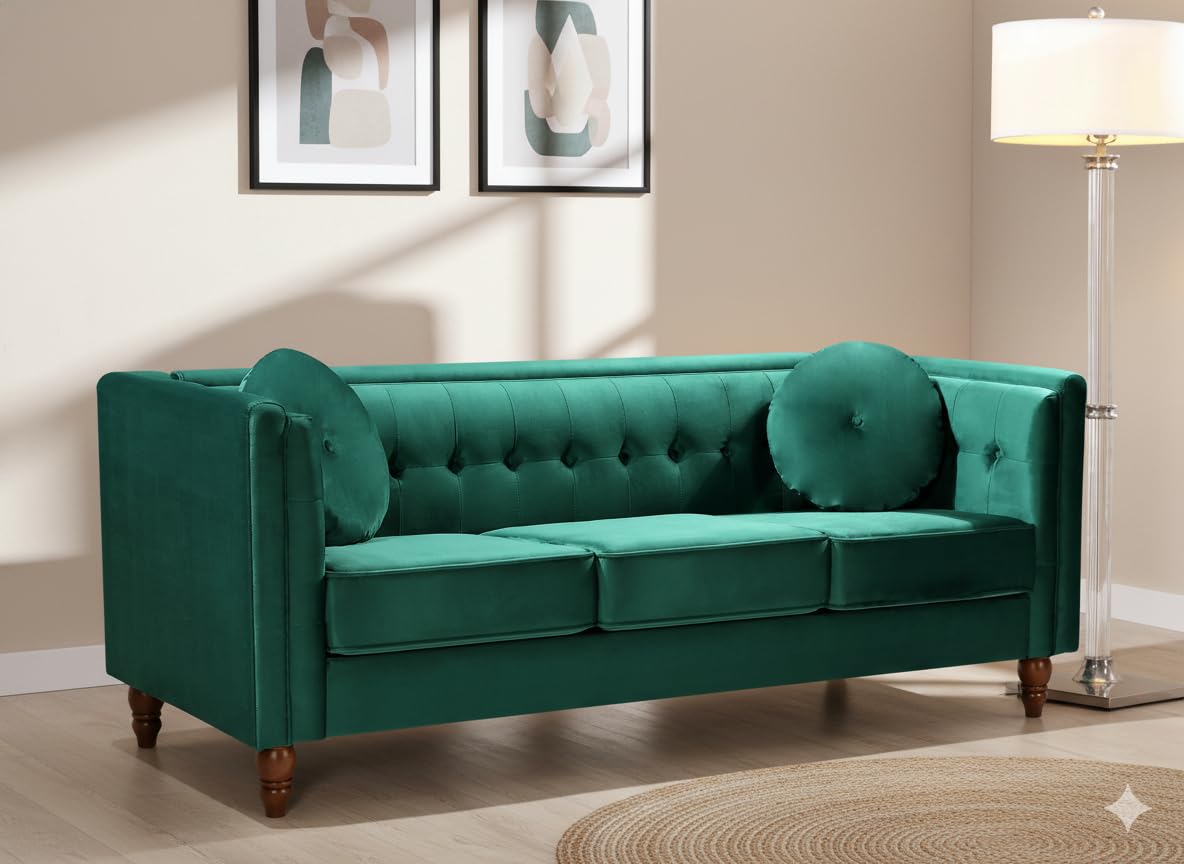 Photo 1 of *** BOX 2 ONLY***Container Furniture Direct Novara Velvet Comfy Three Seater Living Room Furniture Modern Mid Century Couch Chesterfield Sofa for Apartment, Bedroom, and Office, Green