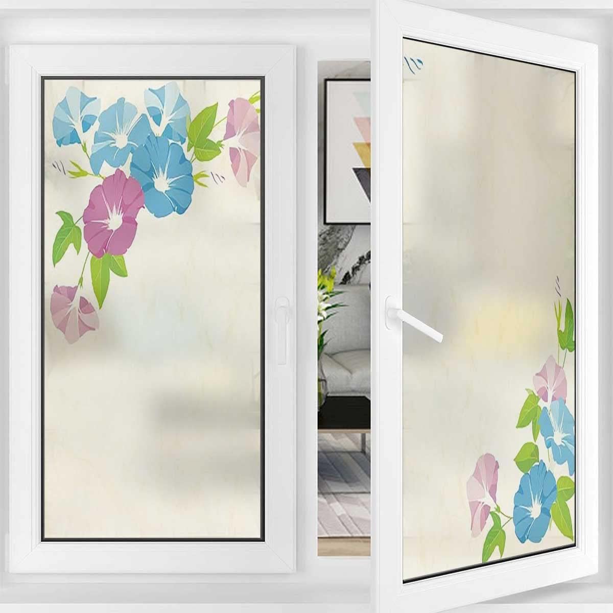 No Adhesive Stained Glass Window Decor Purple Morning Glory Flowers Window Privacy Films Vinyl Frosted Privacy Film 17.7Wx47.2L-inch x2 Pcs