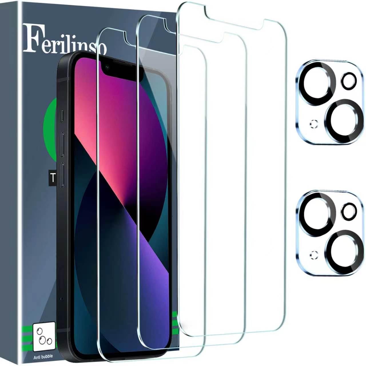 Ferilinso Protector de Pantalla Diseñado para iPhone 13 Mini, 3 Piezas HD Cristal Templado con 2 Piezas Protector de Lente de cámara, Funda Amistoso, Dureza 9H, 5.4 Pulgadas 5G, SIn Burbujas