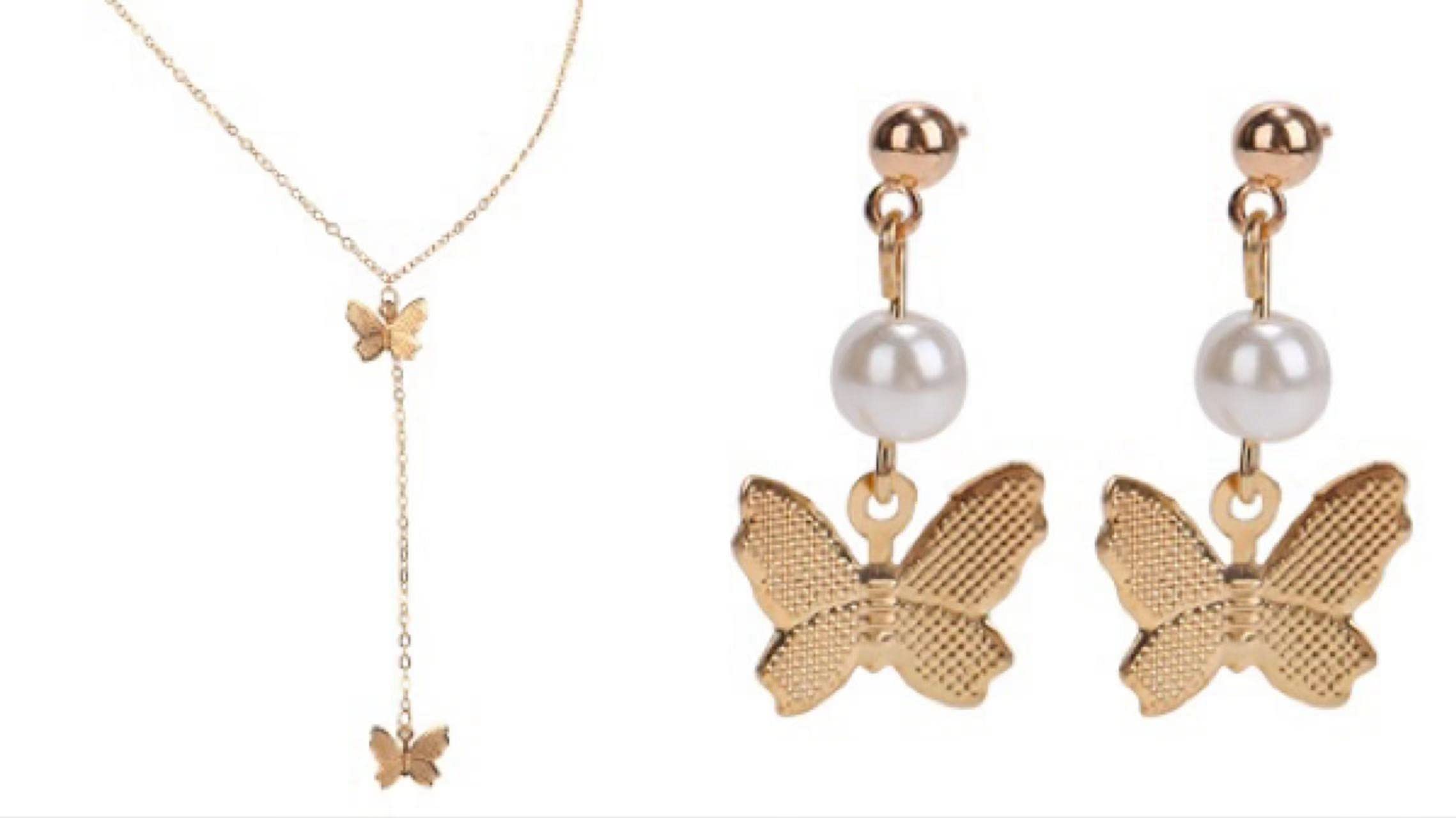 BIgPig Gold Butterfly Necklace Earring Set for Women. Golden Plated Butterfly Style., Stainless Steel, No Gemstone