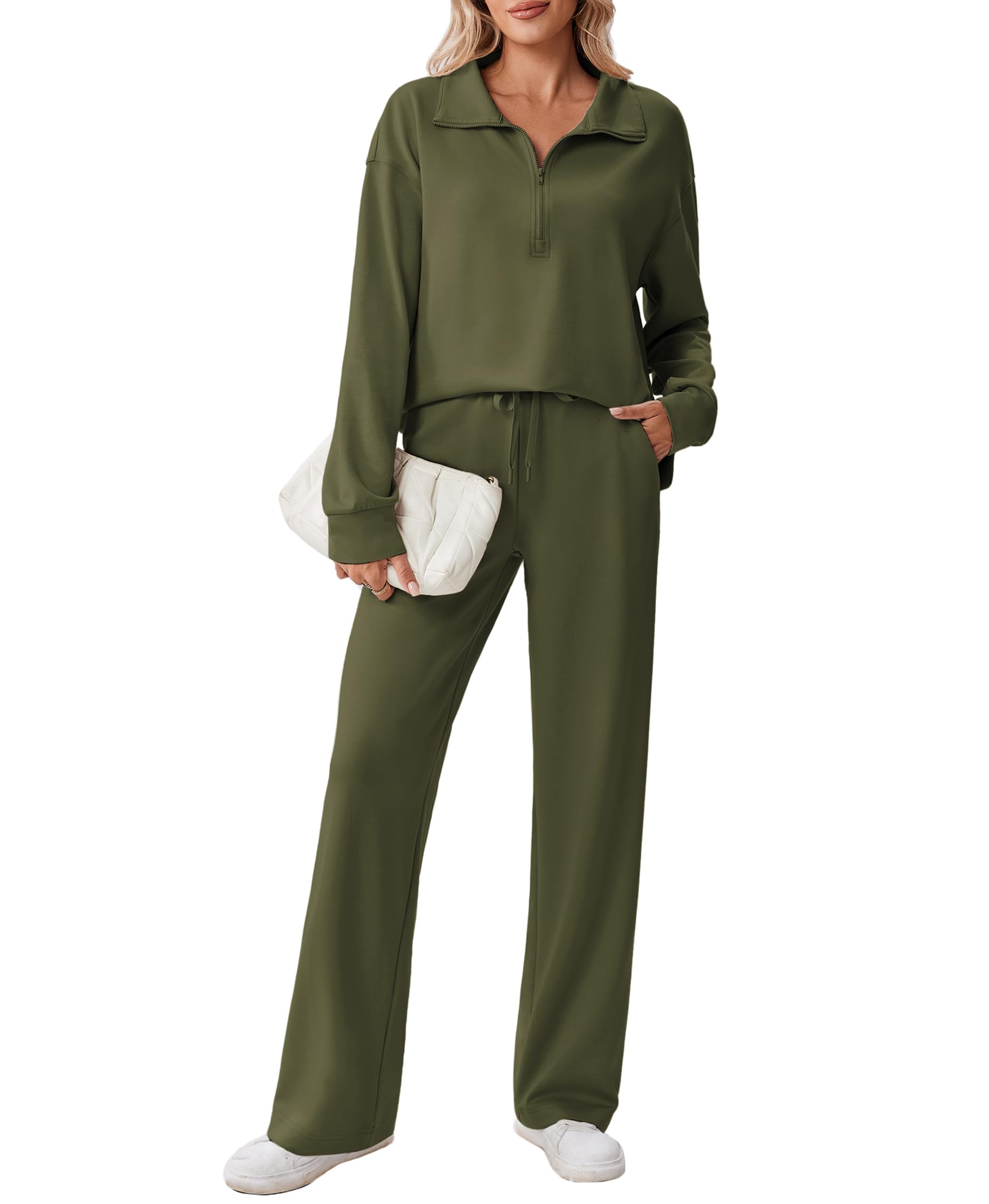 PINSPARK 2 Piece Sets for Women 1/2 Zip Sweatsuit Loose Fit Sweatshirt Straight Leg Pants 2025 Matching Outfit Fall Tracksuit