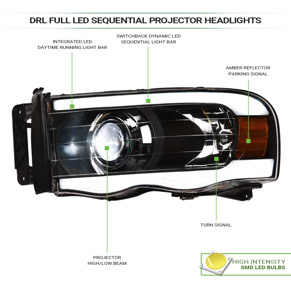 LED DRL Headlights For 2002-2005 Dodge Ram 1500 - Black Housing, Sequential Turn 6 thumbnail image