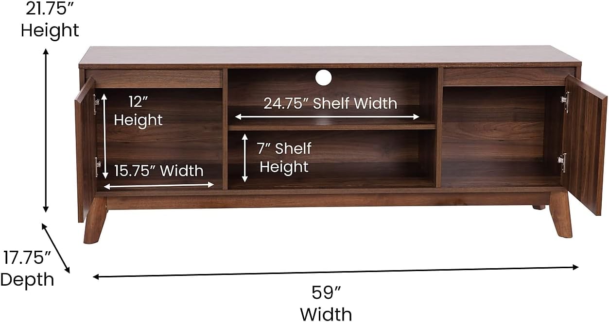 Flash Furniture Hatfield Mid-Century Modern TV Stand For up to 64 inch TV's - Walnut Laminate Finish - 60 Inch Media Center - Adjustable Center Shelf-Soft Close Doors