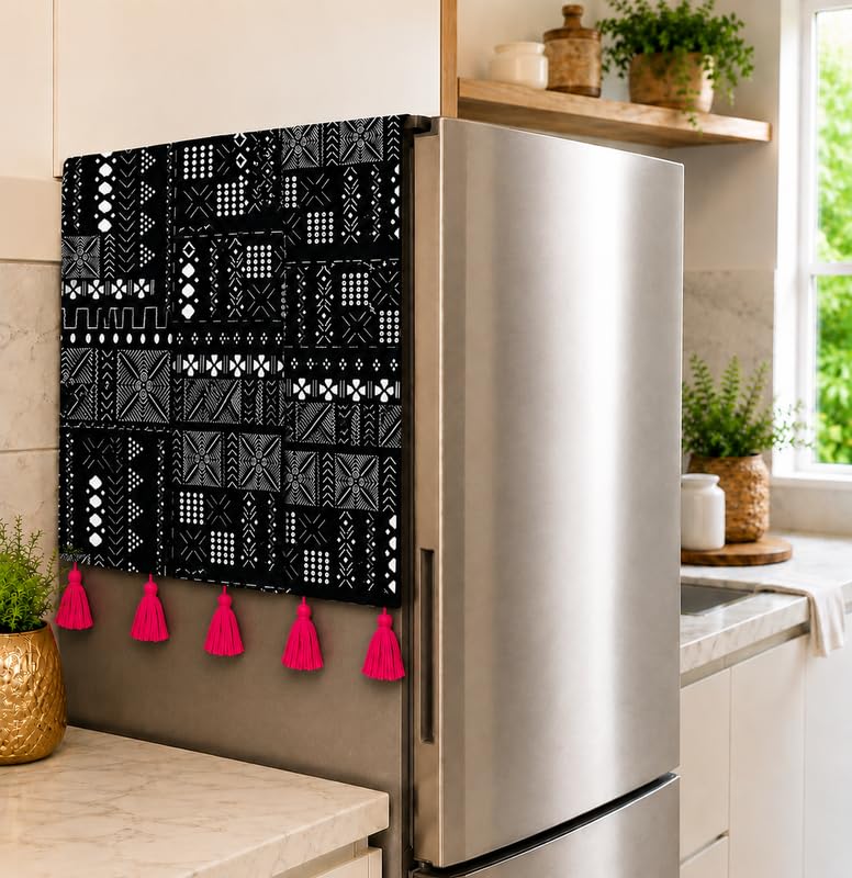 Image of WWW.THROWPILLOW.IN Double Door Fridge Cover 400+L | 450 GSM Durable Fridge Top Cover with Tassels| Dustproof Refrigerator Cover in Black Tribal Print |
