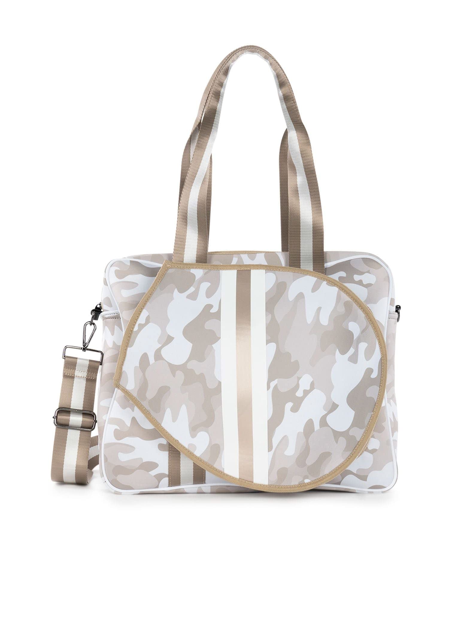 Haute Shore - Billie Sahara Tennis Bag, Beige Camo w/White & Rosegold Stripe