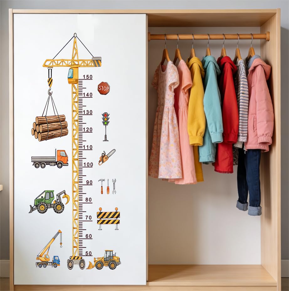 Cartoon Car Height Growth Chart for Kids Removable Measure Wall Ruler for Children Nursery Wall Sticker Baby Bedroom Toddler Living Room Playroom Decal (Engineering Vehicle)
