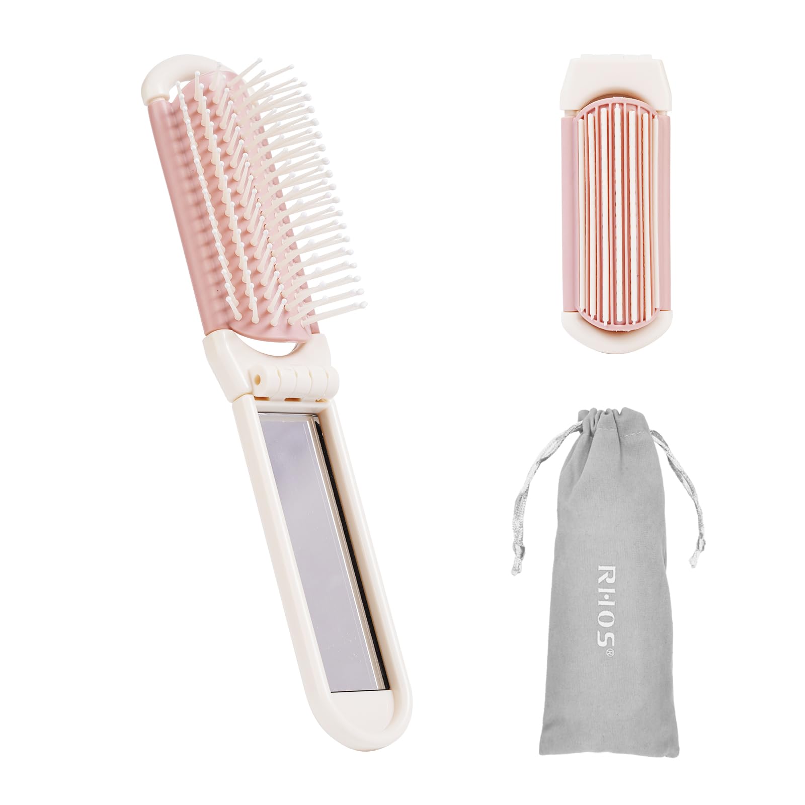 RHOS Folding Brush with Mirror for Women, Girls - Mini Hair Brush with Soft Nylon Bristles for Purse and Travel (Beige)
