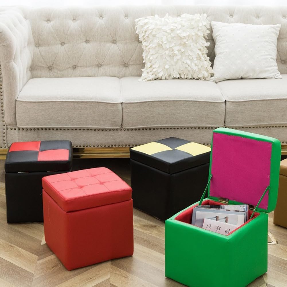 Pouf imbottito con contenitore, lussuoso poggiapiedi imbottito, per soggiorno e camera da letto, in ecopelle, con coperchio incernierato (rosso)