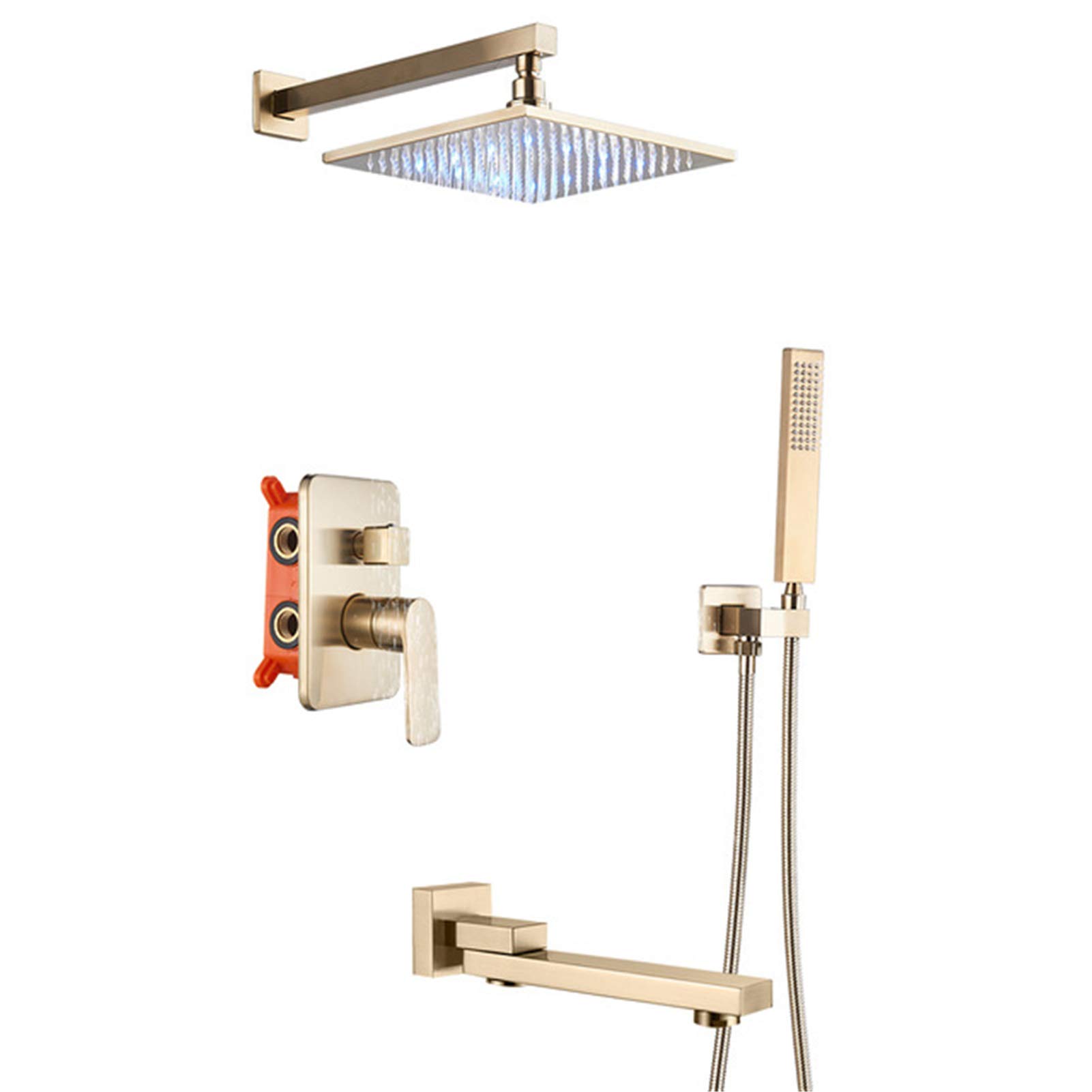 OZBMA Shower Mixer, Brushed Gold Faucet, 3-Way LED Light Rainfall Bath Set, Concealed Bathroom Mixers Rotate Spout Brass Head (size_name 12 Inch)