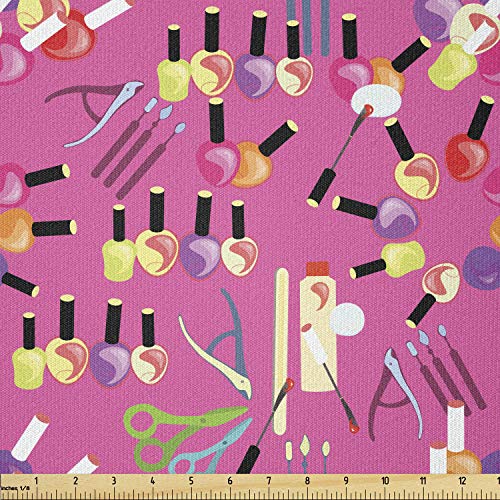 Lunarable Makeup Fabric by The Yard, Beauty Cosmetic Products with Nail Polish Manicure Set Care for Hands Feminine Theme, Stretch Knit Fabric for Clothing Sewing and Arts Crafts, 1 Yard, Violet