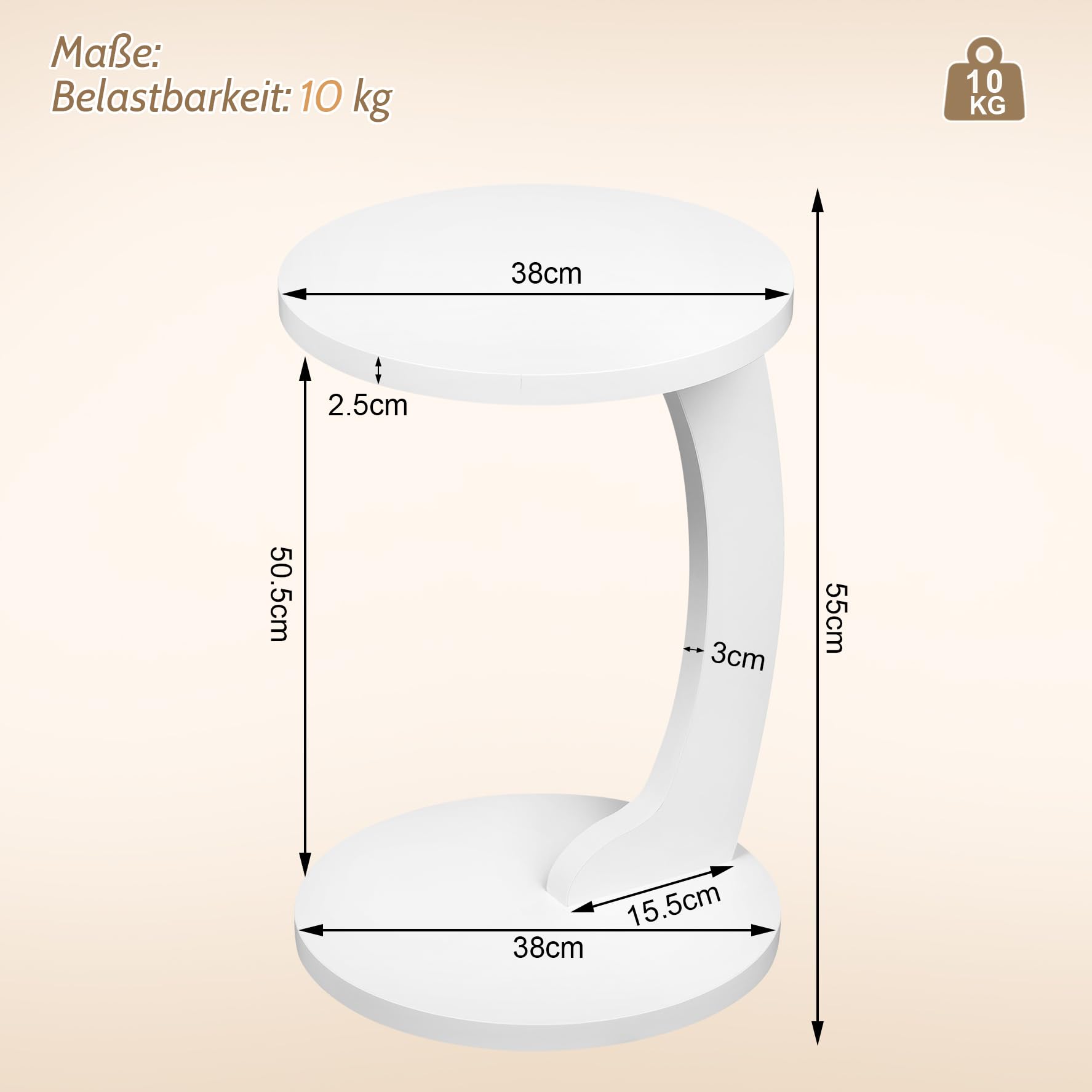 WOLTU Mesa Auxiliar en Forma C, Mesa de Centro Redonda, Mesa Lateral para Sofá o Cama, Mesita Auxiliar para Salón y Dormitorio, MDF, φ38x55 cm, Blanco, BTS20ws