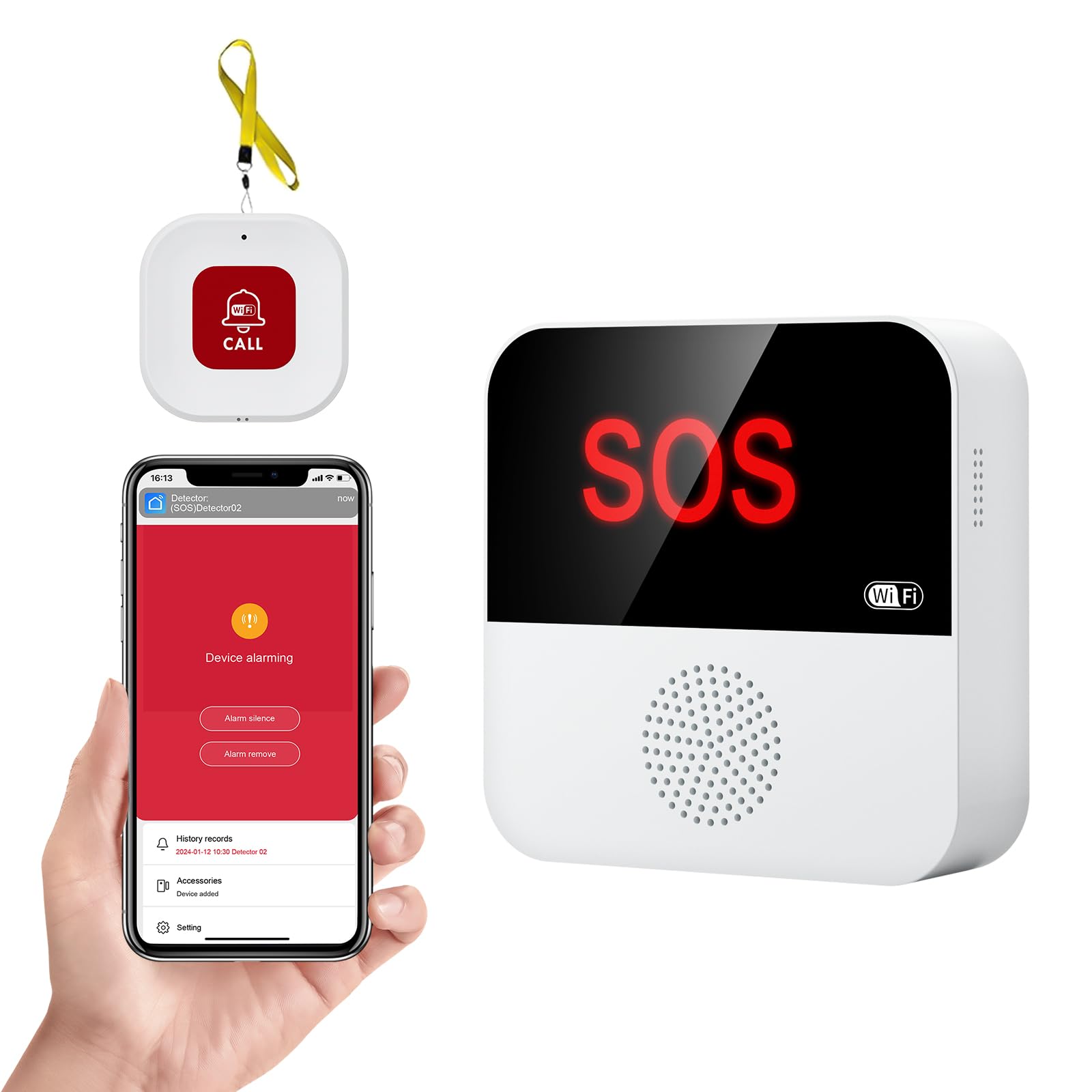eMylo Cuidador Pager WiFi, Alarma SOS para Ancianos con Control Remoto Multifunción, 1 Botón SOS + 1 Receptor, Compatible con Smart Life/Tuya App (Solo 2,4 GHz)