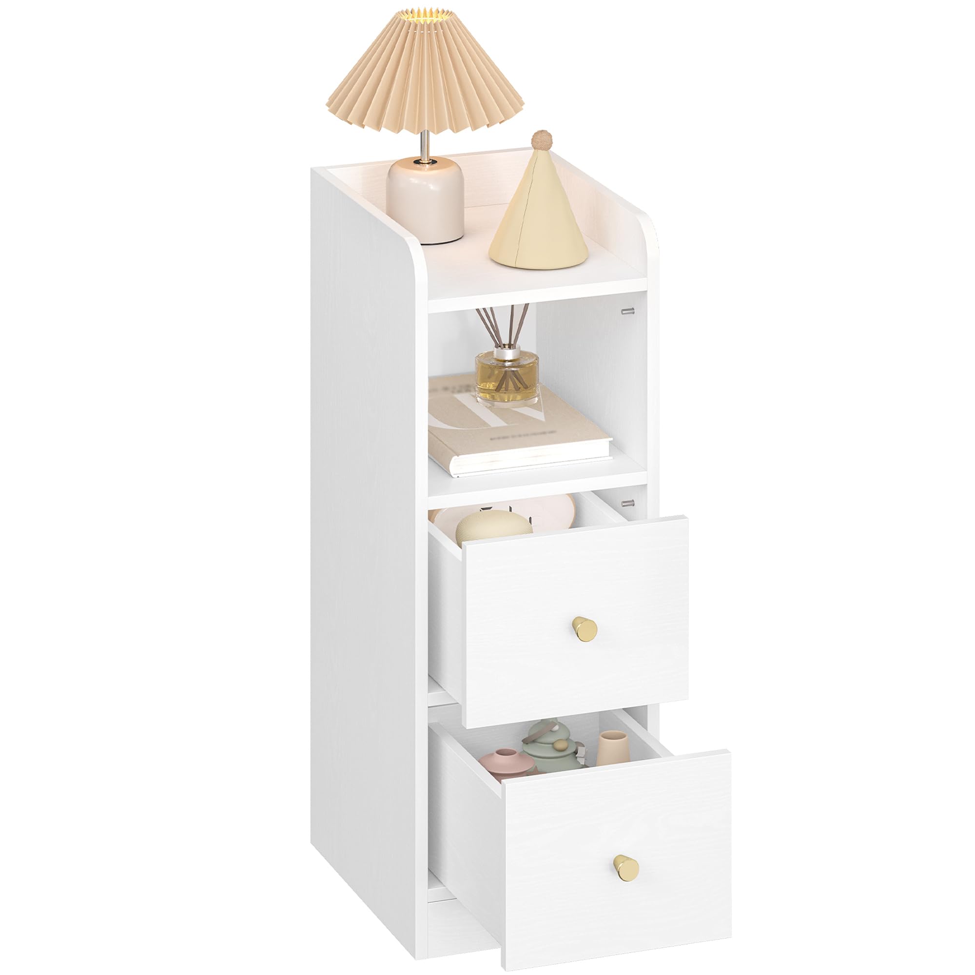 Hzuaneri Table de Chevet, Tables d'Appoint étroite avec 2 Tiroirs, Table de Nuit avec Compartiment Ouvert, pour Espaces Étroits la Chambre à Coucher, Salon, Bois Blanc Grainé NS62113X | Protection supérieure, table de chevet, pour espaces restreints, cham