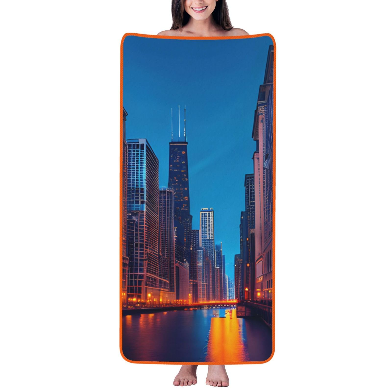 KPXXAQT Chicago Night Print Coral Velvet Bath Towel Soft Absorbent Towels Home Vacation Or Summer Gifting