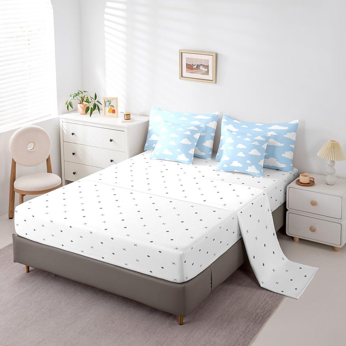 Homewish 7 Pcs White Clouds Twin Comforter Set with Sheets Cartoon Clouds Blue Sky Decor Bedding Sets for Kids Teens Adults Bedroom Dorm Decor All Season Lightweight Bed Set