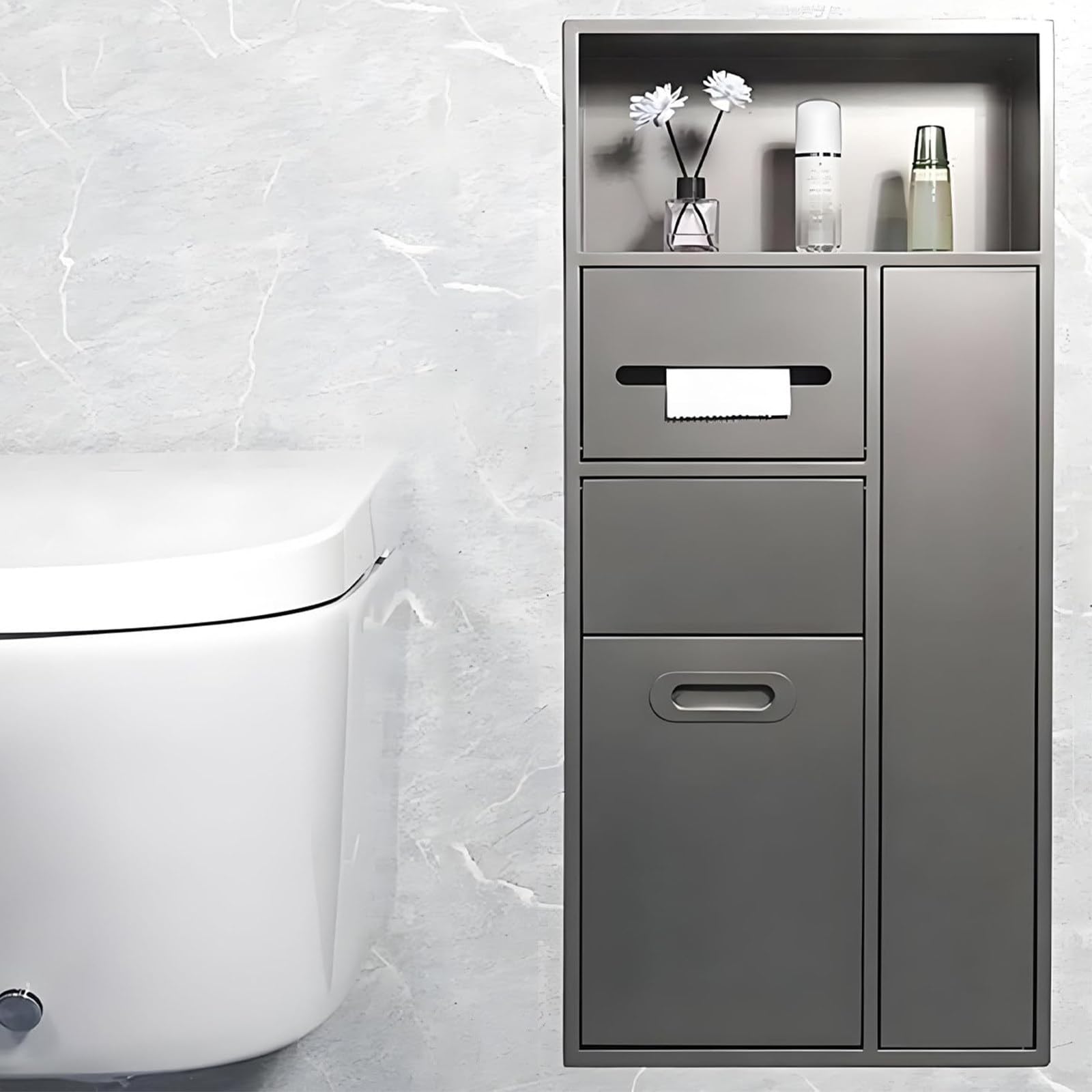 Dispensador de toallas de papel empotrado con cubo de basura y almacenamiento, dispensador de toallas de mano con gabinete de cepillo de inodoro para baño comercial de hotel, acero inoxidable