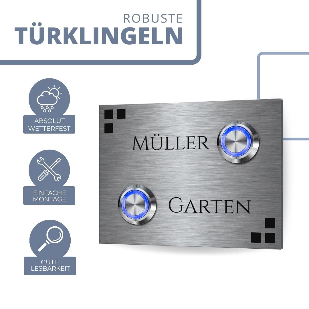 2 Fach Türklingel aus Edelstahl mit Gravur und Namen - Modell Wagner ab 9x7 cm | Klingelplatte mit 2 LED-Klingeltastern | Personalisiert mit Wunschtext und Motiven | Klingel für Mehrfamilienhaus