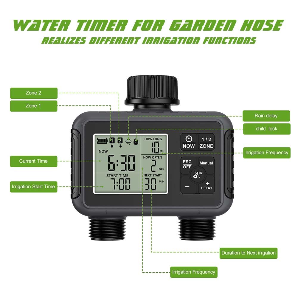Centralina Irrigazione 2 Zone,Timer Irrigazione,Avere IPX5 Funzione Impermeabile con Programmatore Irrigazione Giardino,Timer Irrigazione Automatica Digitale,Per Prato, Giardino, Piscina