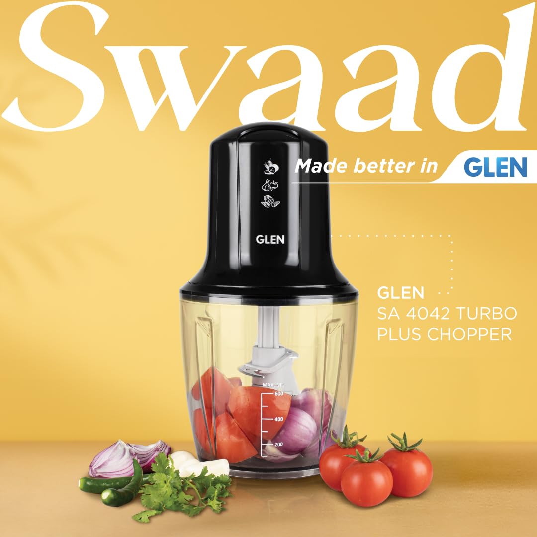 Glen 300 Watts Electric Chopper for Kitchen Use, Large 600ml Bowl, Triple SS Blade Technology, Fruit & Vegetable Cutter, with Whisking Disc, Chops Onion & Nuts – Black (4042TUPLUS)
