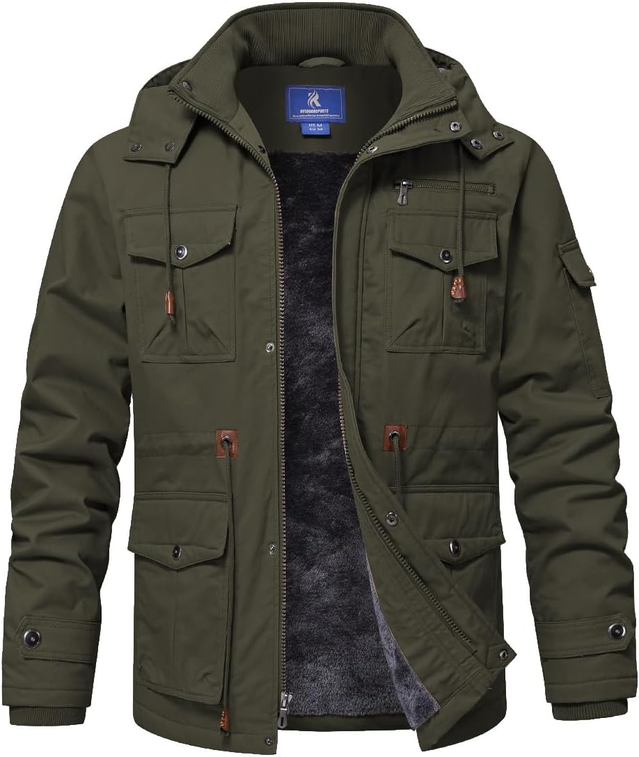 SPOSULEI Winter Jackets for Men Cotton Work Fleece Lined Army Jacket Winter Military Coat with Multi-Pockets Black M