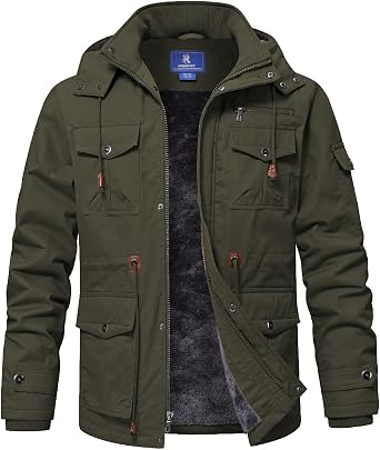 Winter Jackets for Men Cotton Work Fleece Lined Army Jacket Winter Military Coat with Multi-Pockets Black M