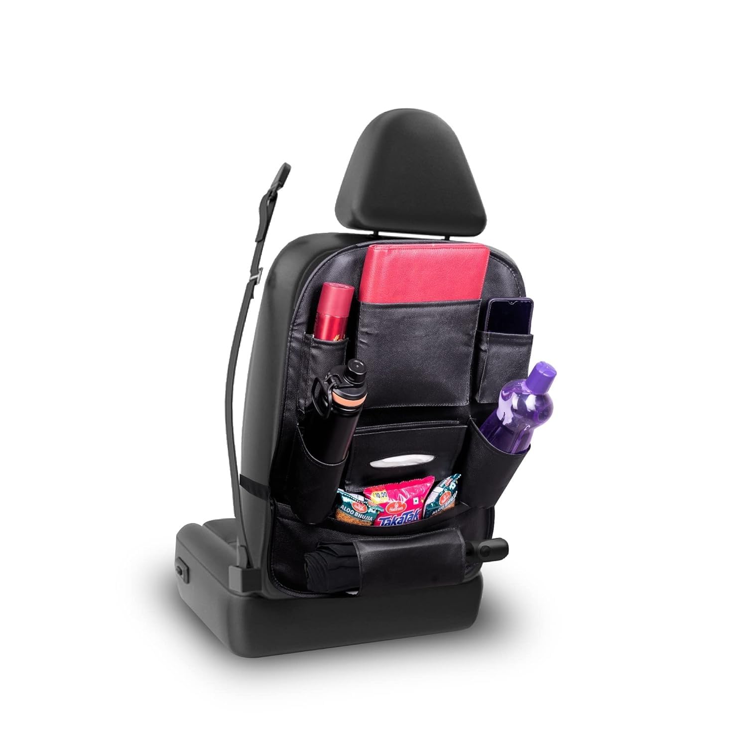 FYURI Multi-Storage Car Organizer - Stylish PU Leather Backseat Solution for Bottles, Tablets, and Tissues hanging organizer car tissue holder car seat accessories car organiser-Black