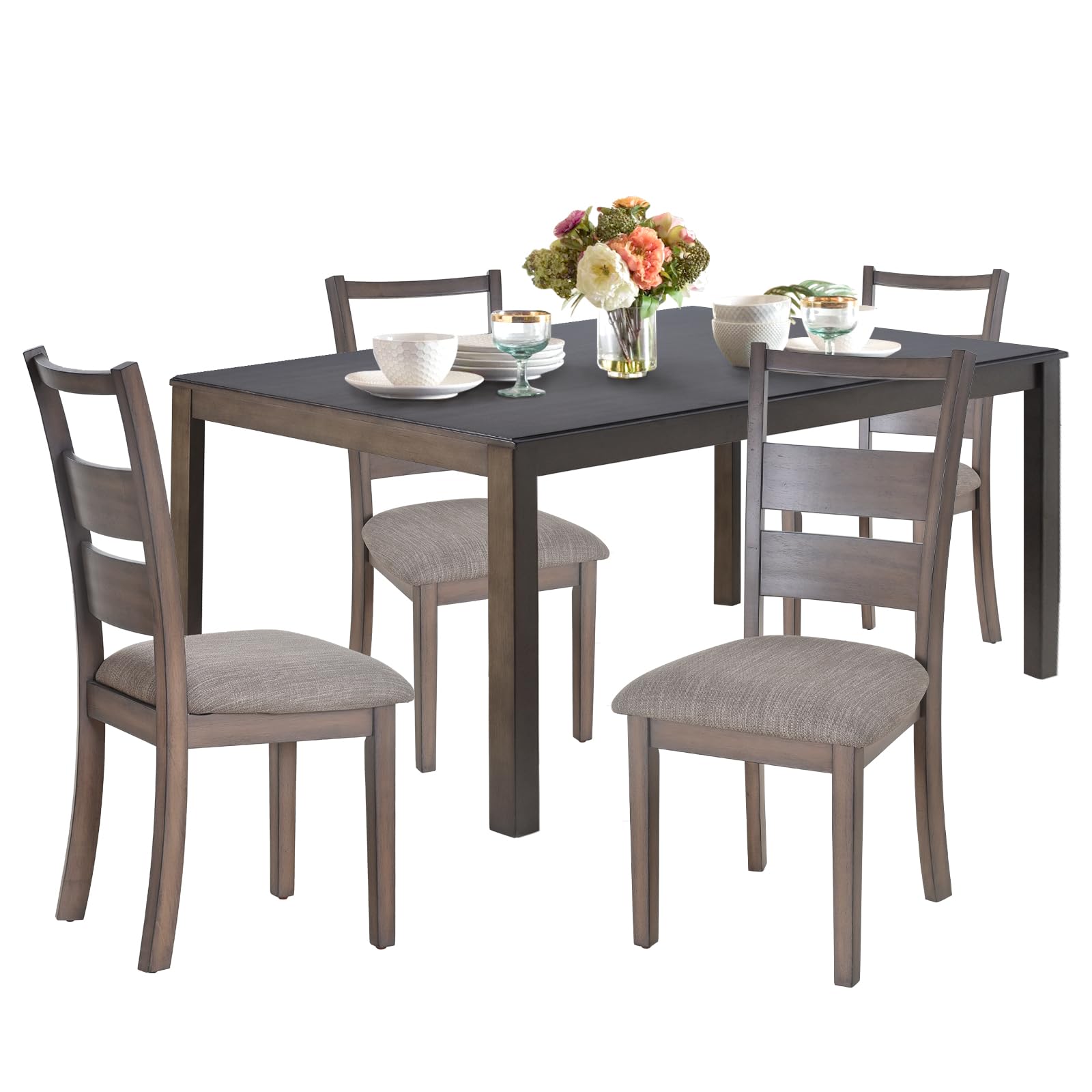 COLAMY Wooden Dining Table Set, Mid Century Modern Rectangle Wooden Kitchen Table and Upholstered Dining Chairs for Dining Room, Office, Saving Space (1 Table with 4 Chairs), Lightbrown