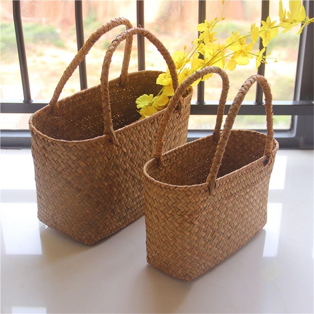 Panier de rangement tissé aux algues jonc de mer naturel vêtements faits à la main panier à linge paille osier rangement rotin pot de fleurs sac de plage (34x14x21cm)