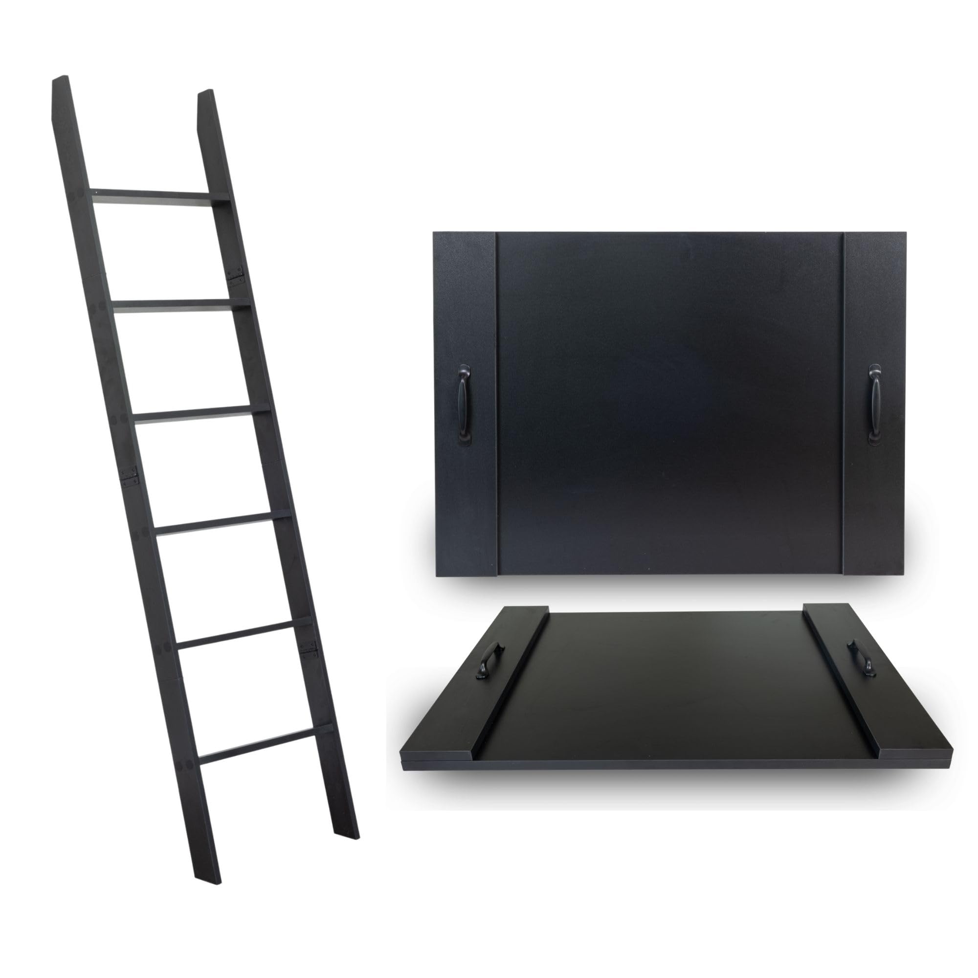 RELODECORHome Decor Black Bundle: Rustic 6-Tier Wall Leaning Blanket Ladder and Noodle Board Stove Cover with Handles