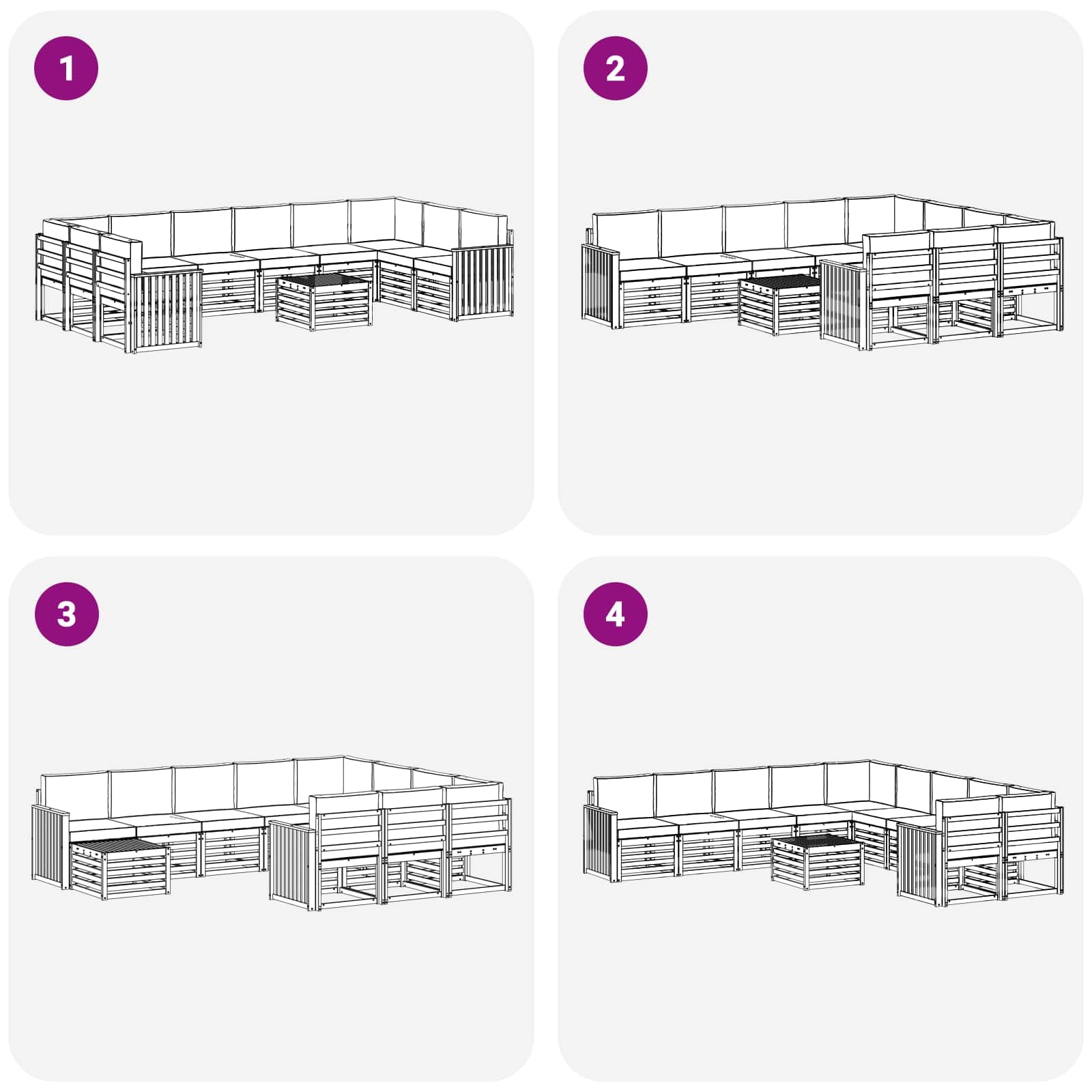 Gartenmöbelgarnitur 11-teilig aus massivem Akazienholz wetterfestes Design für Terrasse Balkon und Garten, modulare Sitzgruppe mit Tisch, Sofas, Stühlen