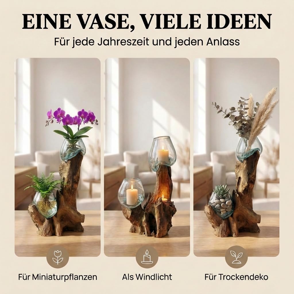 Glasvase Doppel (Ø Glas 12 cm) – Deko Vase aus Handarbeit auf Wurzelholz Gamal mit abnehmbarem Glas, Wohnzimmer Deko, geeignet als Blumenvase oder Kerzenglas Do12