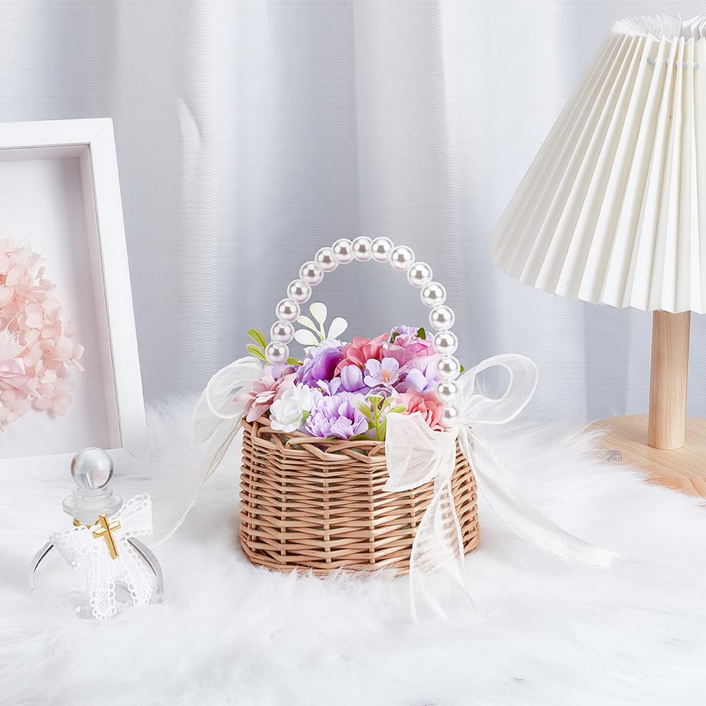6 panier à Fleurs en Rotin Tressé Petit Panier en Rotin Tressé avec Anse en Perle Nœud en Ruban et Doublure en Plastique. Paniers à Fleurs Féeriques Paniers Tressés pour Œufs et Bonbons